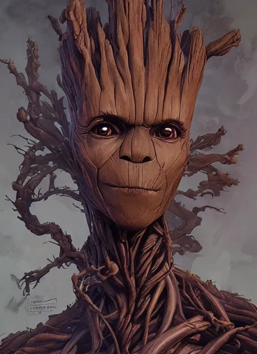 Image similar to Portrait of Groot, marvel comics, dark, intricate, highly detailed, smooth, artstation, digital illustration by Ruan Jia and Mandy Jurgens and Artgerm and Wayne Barlowe and Greg Rutkowski and Frank Frazetta