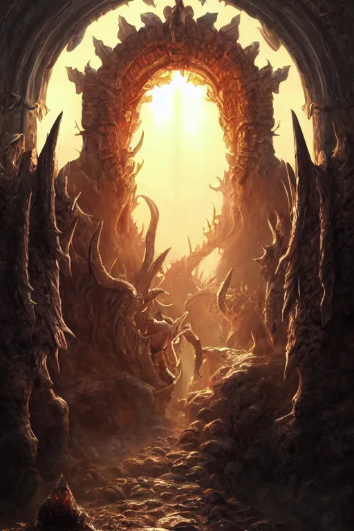 Prompt: gate to hell, highly detailed, d & d, fantasy, highly detailed, digital painting, trending on artstation, concept art, sharp focus, illustration, global illumination, ray tracing, realistic shaded, art by artgerm and greg rutkowski and fuji choko and viktoria gavrilenko and hoang lap, sunny