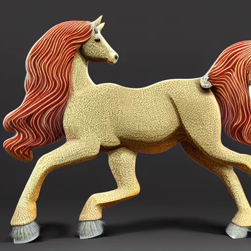 Prompt: full body horse with flowing mane painted with geometric peacock feather design trail of painted ponies 3 d figurine detailed 3 d render