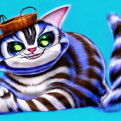 Image similar to cute blue striped cheshire cat from alice in wonderland. an adorable cat with light blue stripes, blue eyes and a big playful smile. award - winning digital art by mona sundberg