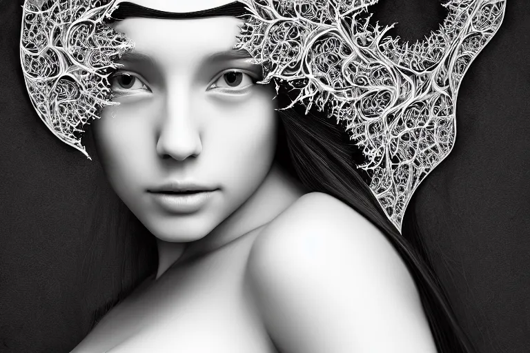 Prompt: portrait of a young beautiful woman with a mask. contemporary photograph, speed painting, fractal, mandelbulb. black and white. intricate, elegant, super highly detailed, professional digital painting, artstation, concept art, smooth, sharp focus, no blur, no dof, extreme illustration, Unreal Engine 5, Photorealism, HD quality, 8k resolution, cinema 4d, 3D, beautiful, cinematic, art by artgerm and greg rutkowski and alphonse mucha and loish and WLOP