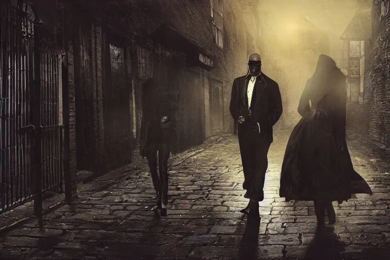 Image similar to stevie wonder as jack the ripper, chasing a blonde haired woman in a dimly lit alley way, surrounded by ghosts, dark, horror, british, hyper realistic, 8 k, ethereal details, high resolution, cinematic lighting