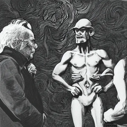 Image similar to two men having a conversation in the foreground being watched by a ffat, green orc in the background, kubrick stare, digital art