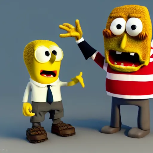 Image similar to sponch bob and harry potter soon business handshake, they're all statues, octane render, 8 k, highly detailed, hyper - realistic.