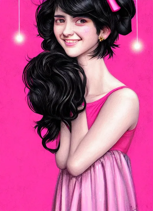 Image similar to portrait of high school girl, realistic, black hair, bangs, half updo hairstyle, pointy nose, skinny, smile, ugly, defined jawline, big chin, pink hair bow, earrings, intricate, elegant, glowing lights, highly detailed, digital painting, artstation, sharp focus, illustration, art by wlop, mars ravelo and greg rutkowski