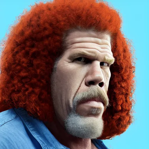 Image similar to ron perlman with a giant red curly afro with a handlebar mustache while wearing a light - blue collared shirt in the foreground, a blank canvas is right behind him, with a void white background, realistic, hyperrealistic, 8 k resolution, hd quality, very detailed, highly detailed, intricate details, real life, real world, trending on artstation