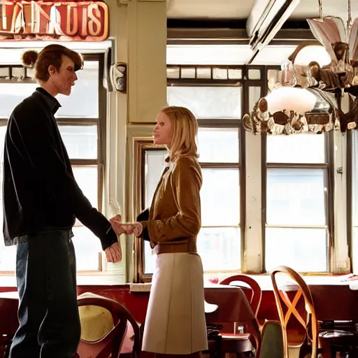 Image similar to a tall guy with dark blond hair bun dating a blond girl in an old restaurant, Gilmore girls aesthetic, realistic, beautiful lighting