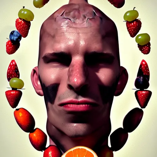 Prompt: a man's face is fused into fruit, artstation, cgsociety, concept art, illustration, 8 k