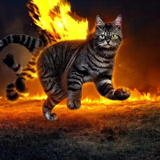 Image similar to giant cat firing lazers at burning people apocalypse hyper realistic