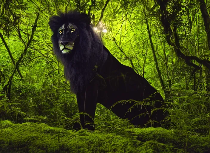 Image similar to professional wildlife photograph of a black lion standing in a dark jungle at night, surrounded by dense dark trees, moss, ferns, cinematic lighting, apex predator, natgeo