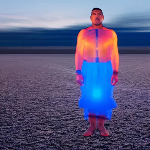 Image similar to A Samoan in futuristic clothing standing on a translucent podium in the middle of a vast field at night.
