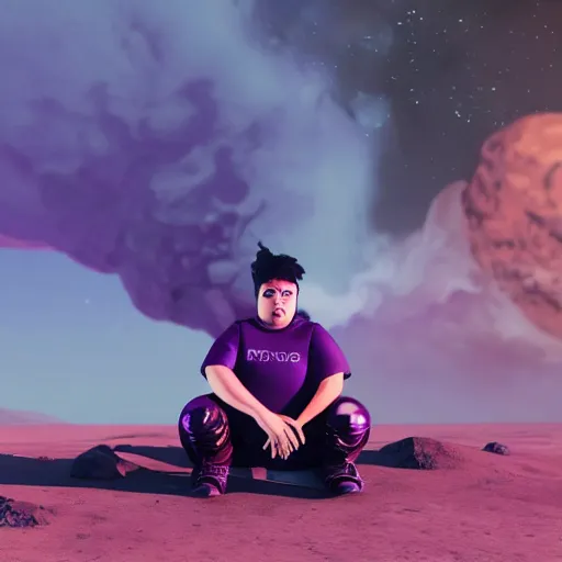 Image similar to photo of an overweight depressed teenager with emo haircut wearing gothy purple and black spandex suit, sitting next to smashed burning spacecraft wreckage, on the orange surface of mars, Trending on artstation, octane render, cinematic lighting, hyper realism, photorealistic, octane render, 8k, depth of field, 3D