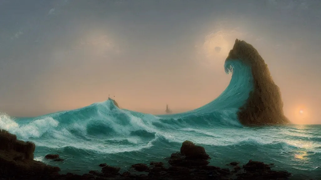 Prompt: first person view of breaking waves on the shore, moonlit , sea breeze rises in the air, by andreas rocha and john howe, and Martin Johnson Heade, featured on artstation, featured on behance, golden ratio, ultrawide angle, f32, well composed