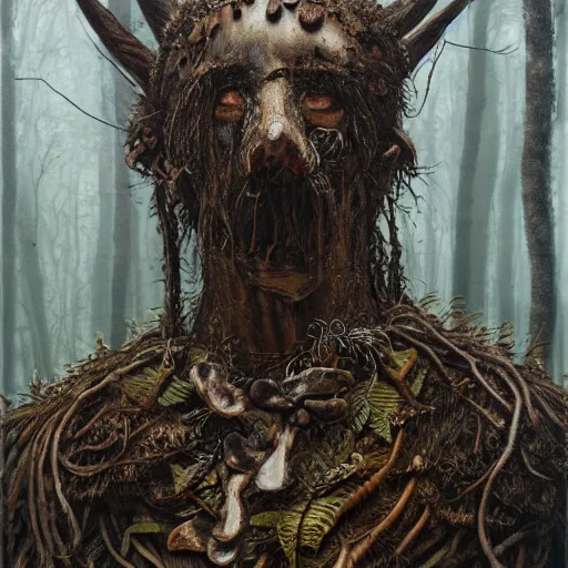 Image similar to detailed realistic body portrait of a ratfolk druid in wooden armor, covered in fungus and mushrooms, decayed plant matter, leaves, by Gerald Brom and Alan Lee, ArtStation