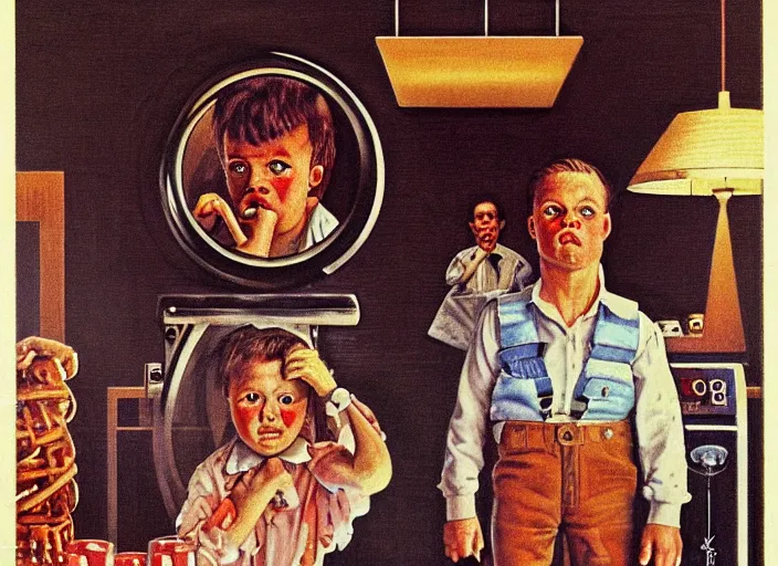 Prompt: rockwell somebody's watching me, 1 9 8 2, fruin tom in the style of ferez andrew