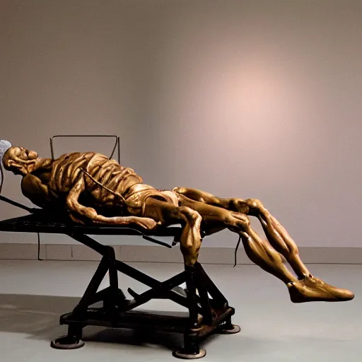 Prompt: hyperrealistic sculpture of a fossilized bronze chinese prisoner on an operating table in a cage on a pedestal, surrounded by surgeons, by ron mueck and duane hanson and lee bontecou and giacometti, hyperrealistic dramatic colored lighting trending on artstation, 8 k