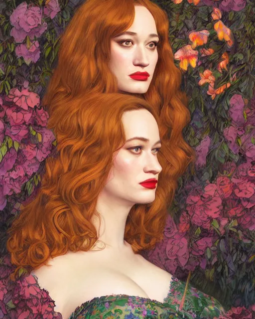 Image similar to sophisticated portrait of Christina Hendricks Brie Larson Kat Dennings, 1960s flower power hippy, very smoky Paris bar, elegance, highly detailed, shallow depth of field, Artstation, Artgerm, Donato Giancola and Joseph Christian Leyendecker