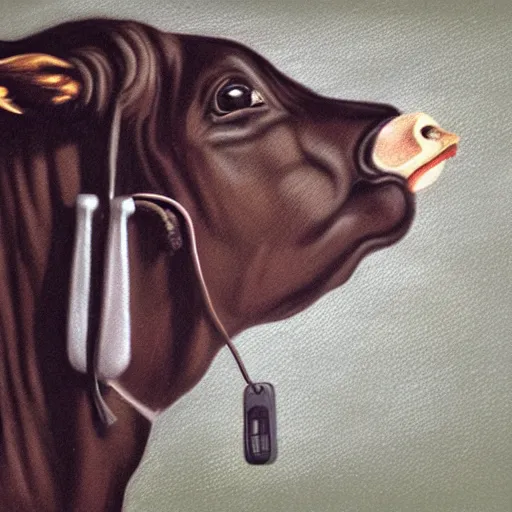 Image similar to a holy cow talking on the phone, photorealism