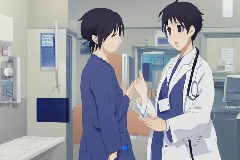 Image similar to a cute and beautiful young female doctor wearing white coat are talking with an old professor in a hospital, slice of life anime, lighting, anime scenery by Makoto shinkai