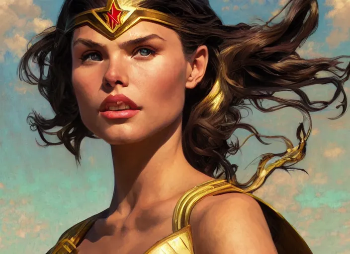 Image similar to portrait of Josie Canseco as wonder woman tv show by Stanley Artgerm Lau , greg rutkowski, thomas kindkade, alphonse mucha, loish, norman rockwell. Trending on artstation rule of thirds detailed illustration hd 4k H 896