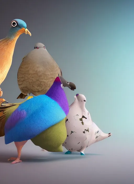 Image similar to render of a pigeon and a rabbit, colorful background, blender, ray tracing, path tracing, octane, maya, houdini, vfx, in luxury advertisement, sharp focus, volumetric lighting