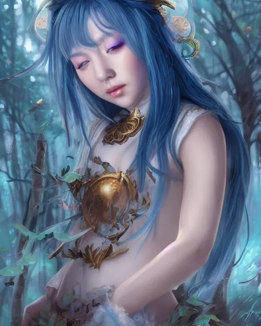 Prompt: stunningly beautiful female blue hair, cute korean actress, dj sura, fantasy art, fae priestess, lush dark forest landscape, fireflys at night, sharp focus, digital painting, 8 k, concept art, art by wlop, artgerm, greg rutkowski and alphonse mucha