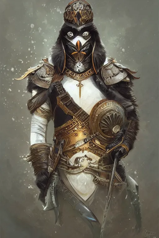 Prompt: a portrait of an anthropomorphic penguin warrior, D&D, fantasy, intricate, highly detailed, digital painting, artstation, concept art, smooth, sharp focus, illustration, art by artgerm and greg rutkowski and alphonse mucha