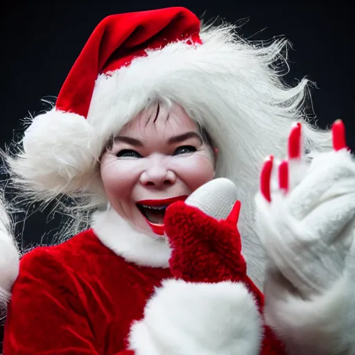 Image similar to Singer Björk wearing a Santa Claus hat