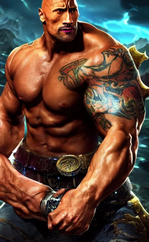 Image similar to Dwayne Johnson as a character in the game League of Legends, with a background based on the game League of Legends, detailed face, old 3d graphics