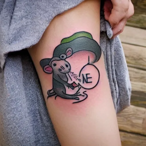 Prompt: tatoo skatch on girl's leg with cute rat reading newspapper sitting on mushroom
