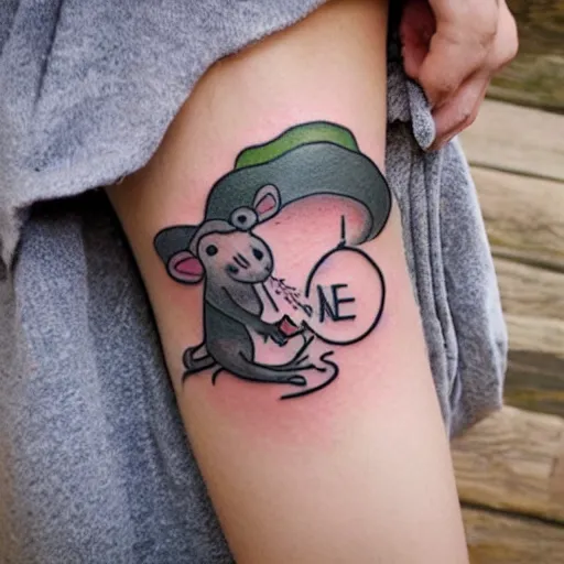 Image similar to tatoo skatch on girl's leg with cute rat reading newspapper sitting on mushroom