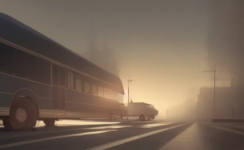 Image similar to exterior traveling greyhound bus circa 2 0 1 5, directed by charlie kaufman ( 2 0 0 1 ) anamorphic lenses, foggy volumetric light morning, cinematic trending on artstation in the style of greg rutkowski