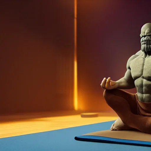Image similar to thanos meditating on a yoga mat in a dojo. Serene cool lighting, hyper realistic