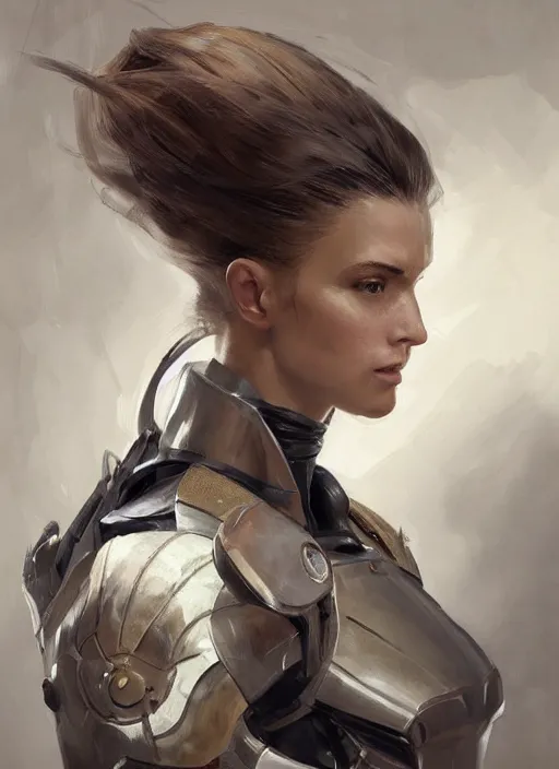 Image similar to a professional painting of a beautiful young female, clothed in military armor, olive skin, long dark hair, beautiful bone structure, symmetrical facial features, intricate, elegant, digital painting, concept art, smooth, sharp focus, illustration, from Metal Gear, by Ruan Jia and Mandy Jurgens and Artgerm and William-Adolphe Bouguerea