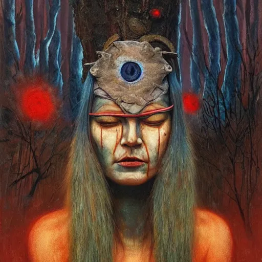 Image similar to A young blindfolded shaman woman with a decorated headband from which blood flows, in the style of heilung, blue hair and wood on her head. The background is a forest on fire, made by Esao Andrews and Karol Bak and Zdzislaw Beksinski,