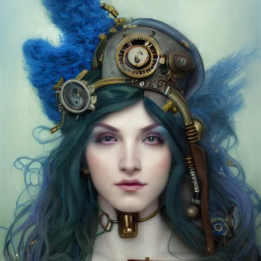 Image similar to Masterpiece head and shoulders portrait of Caitlyn from League of Legends of Arcane animated Series with blue long hair and cylinder hat with Steampunk armor drawn by Donato Giancola and Tom Bagshaw, Edmund Leighton, Alphonse Mucha, background by James Jean and Gustav Klimt, 4k, porcelain skin, volumetric lighting, komorebi, french nouveau, trending on artstation, octane render, hyperrealistic