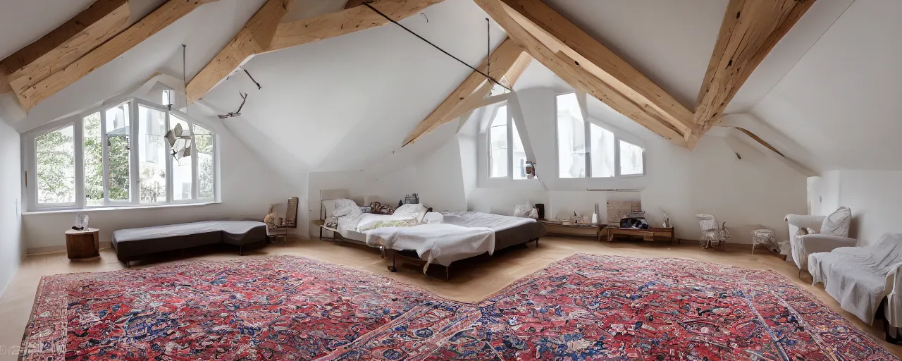 Prompt: low ceiling attic, with matte white painted ceiling, with 2 rectangular windows opposing each other, with a large square window in the back right corner of the room, with exquisite turkish and persian rugs on the polished plywood floor, XF IQ4, 150MP, 50mm, F1.4, ISO 200, 1/160s, natural light