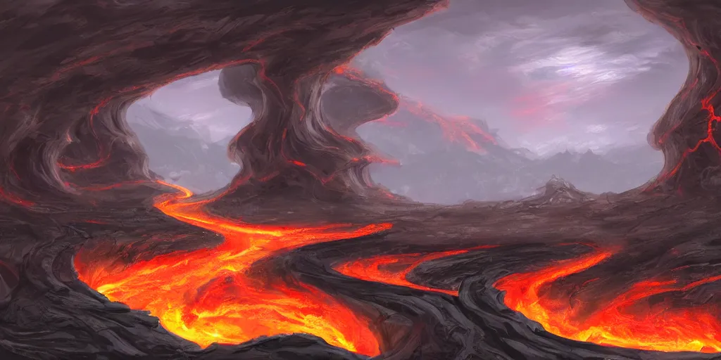 Image similar to Fantasy concept art of a canyon with a lava river. Concept art, wide, highly detailed.