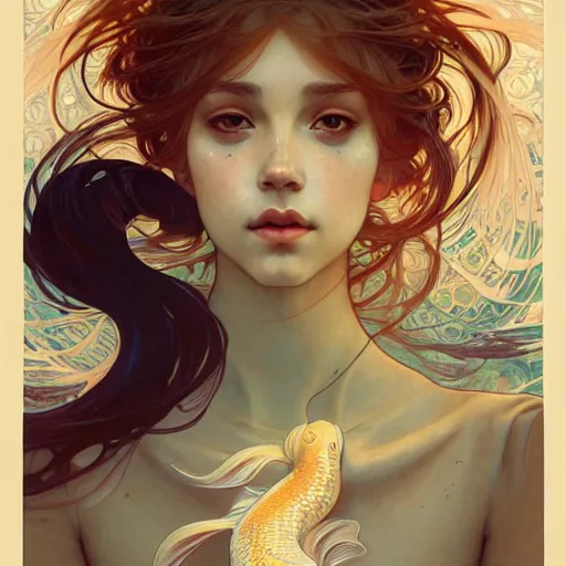 Image similar to Portrait of a girl surrounded by Koi fish, face, fantasy, intricate, elegant, highly detailed, digital painting, artstation, concept art, smooth, sharp focus, illustration, art by Loish and Artem Demura and alphonse mucha