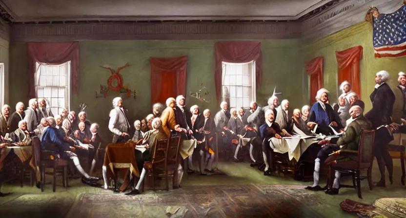 Image similar to fish signing the declaration of independence, realistic painting, high definition, digital art, very detailed, extremely high detail, photo realistic, concept art, unreal engine 5,