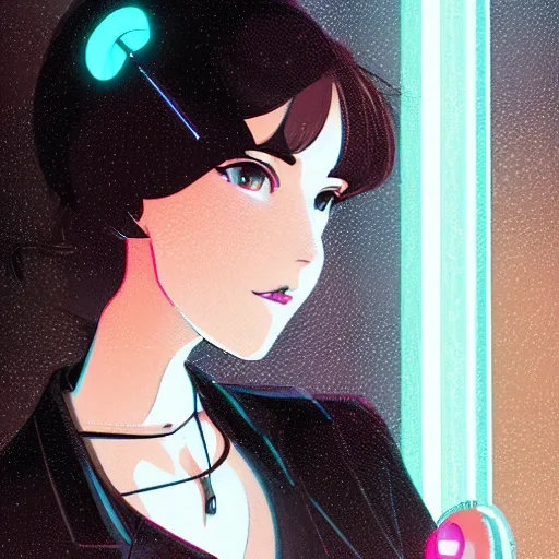 Prompt: portrait of beautiful girl with dark hair dressed in 1920's style, sitting in cafe alone, nighttime, low-key neon lighting, 4k, HQ, official media, anime key visual, makoto shinkai, ilya kuvshinov, lois van baarle, rossdraws, detailed, trending on artstation