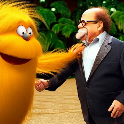 Prompt: Danny DeVito shaking hands with the Lorax