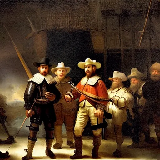 Prompt: The Night Watch but everyone is on their phone, painting by Rembrandt van Rijn