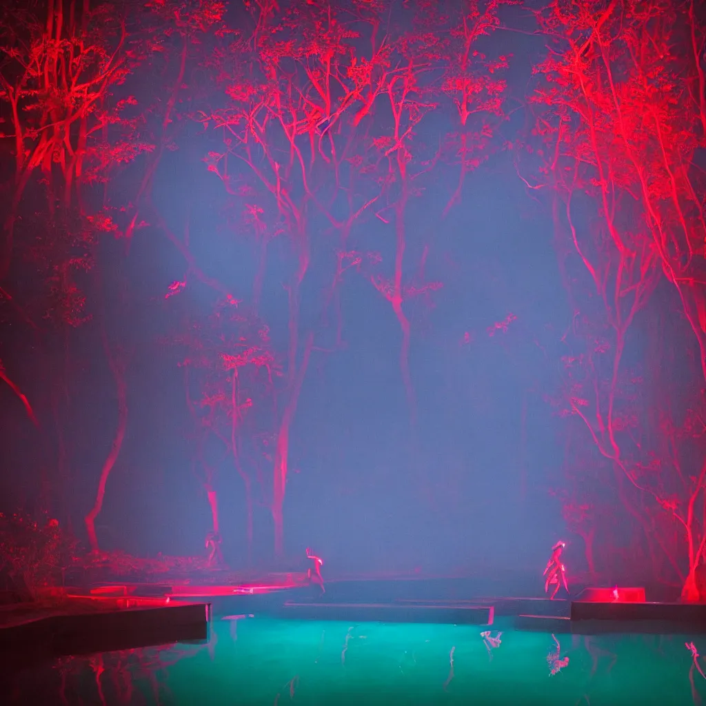 Prompt: rave in the red pond at night, light art, epic composition, by benoit paille, hd, octane, volumetric lighting, masterpiece,