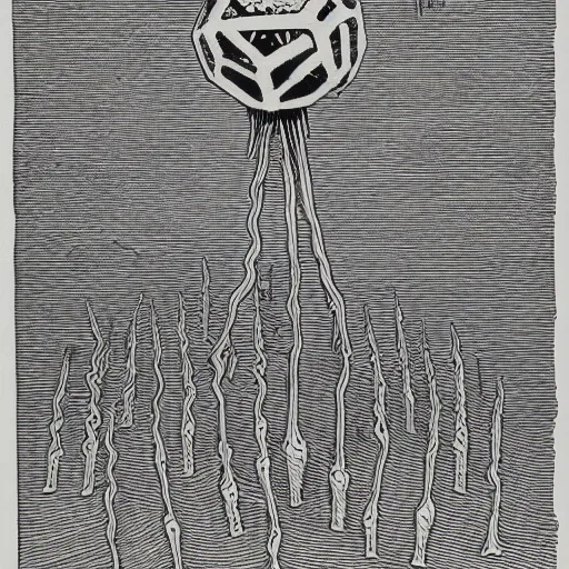 Prompt: bacteriophage woodcut by gustave dore, artstation