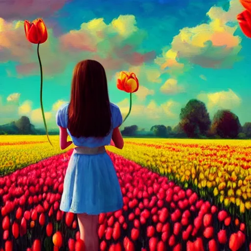 Prompt: tulip head, girl floating in a flower field, surreal photography, sunrise dramatic light, impressionist painting, colorful clouds, digital painting, artstation, simon stalenhag