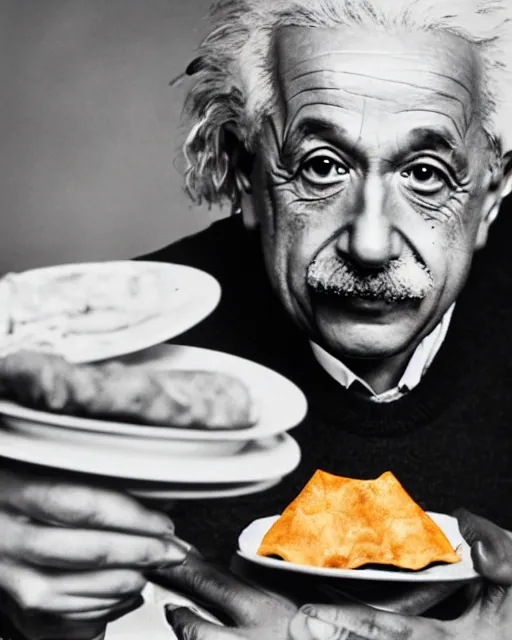 Image similar to A photo of Albert Einstein with a plate full of Samosas, highly detailed, trending on artstation, bokeh, 90mm, f/1.4