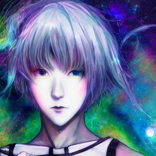 Prompt: rei ayanami, deep space, seascape, grimes, lain iwakura, silver hair, masterpiece by shikinami asuka langley, cosmos, psychedelic flowers, black opal, rainbow aura quartz, organic, oni compound artwork, of character, render, artstation, portrait, wizard, beeple, art, fantasy, epcot, psychedelic glitchcore