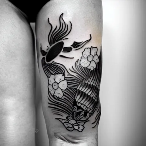 Prompt: black and white tattoo, koi fish, japanese traditional style, camelia flowers, stylized,