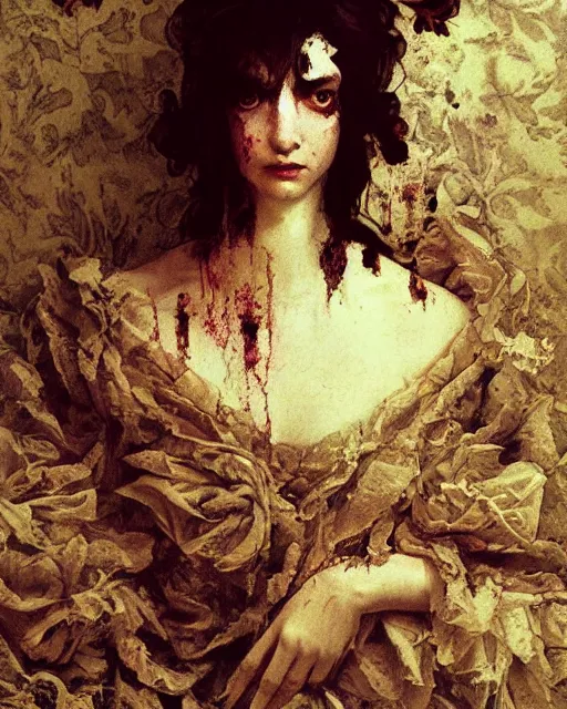 Prompt: a beautiful and eerie baroque painting of a beautiful but serious woman in layers of fear, with haunted eyes and dark hair piled on her head, 1 9 7 0 s, seventies, floral wallpaper, wilted flowers, a little blood, morning light showing injuries, delicate ex embellishments, painterly, offset printing technique